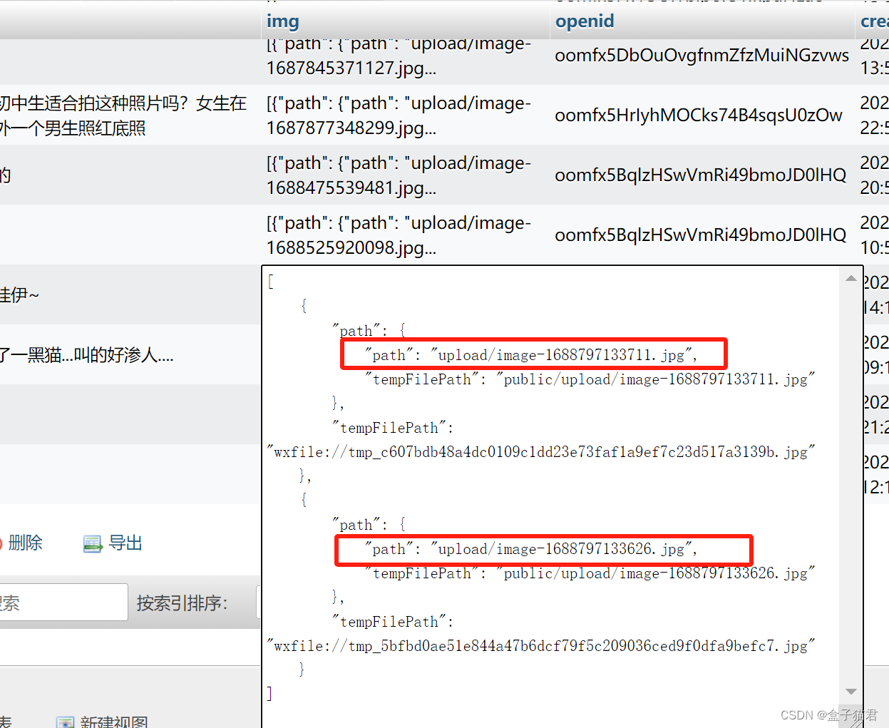 上圖中,我在微信小程序前端上傳了兩張圖片,都保存在了mysql數據庫中