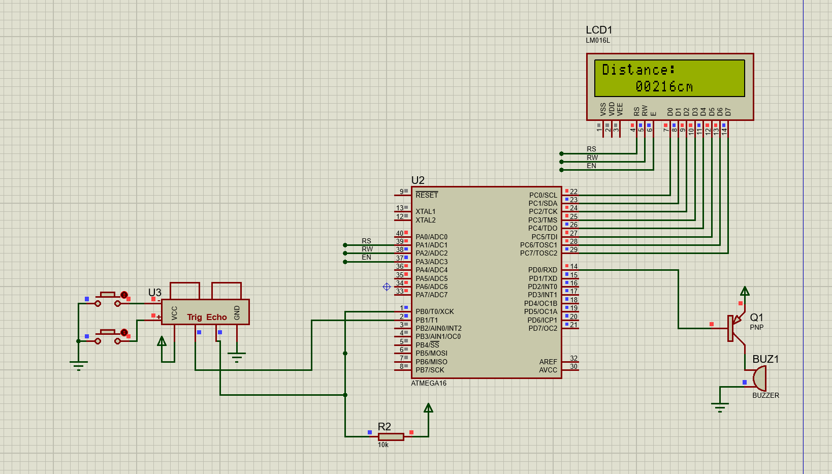 【TB作品】atmega16 超声波倒车雷达，ATMEGA16单片机，Proteus仿真