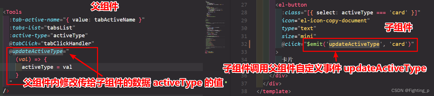 父子组件通信 - 子组件内同步更新父组件内数据，实现父组件与子组件数据双向绑定 $emit(‘update:active-type‘, ‘card‘)