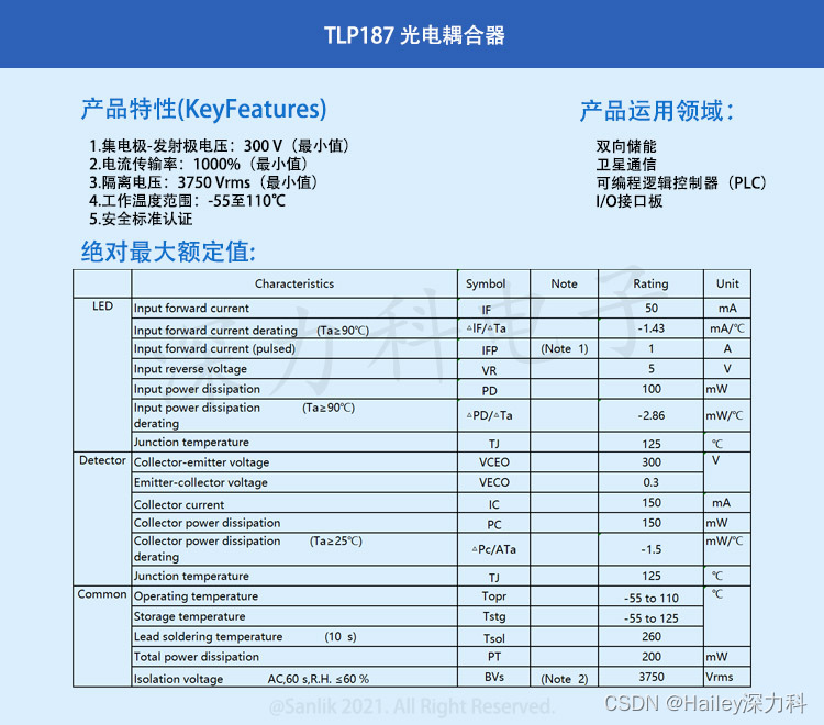 耐高压达林顿输出光隔离器TLP187(TPL,E(O 功能介绍及其应用