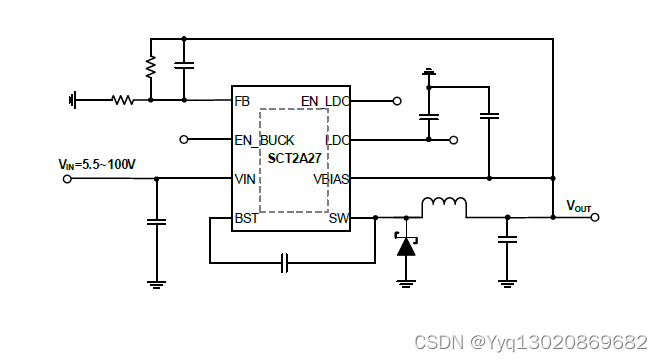 SCT2A27STER：5.5V-100V Vin，4A峰值限流，高效异步降压DCDC转换器,集成200mA LDO