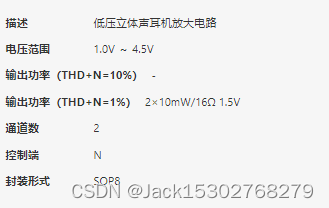 D2076——低压立体声耳机放大电路，适用于便携式小型收音机或立体声耳机作双通道或BIL应用，外接元件少，采用SOP8封装