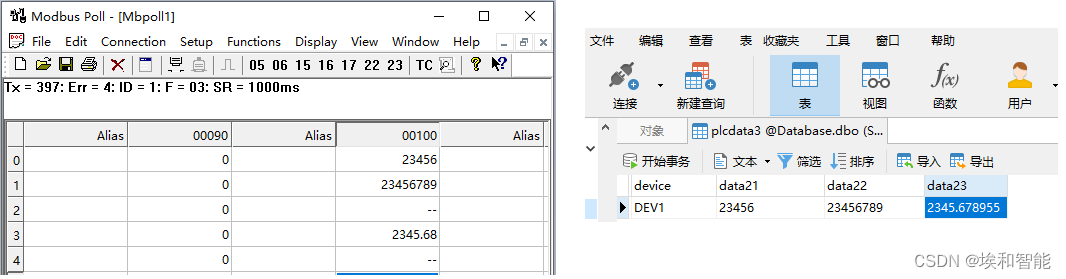 通过网口或串口走Modbus协议，读写数据库中的数据