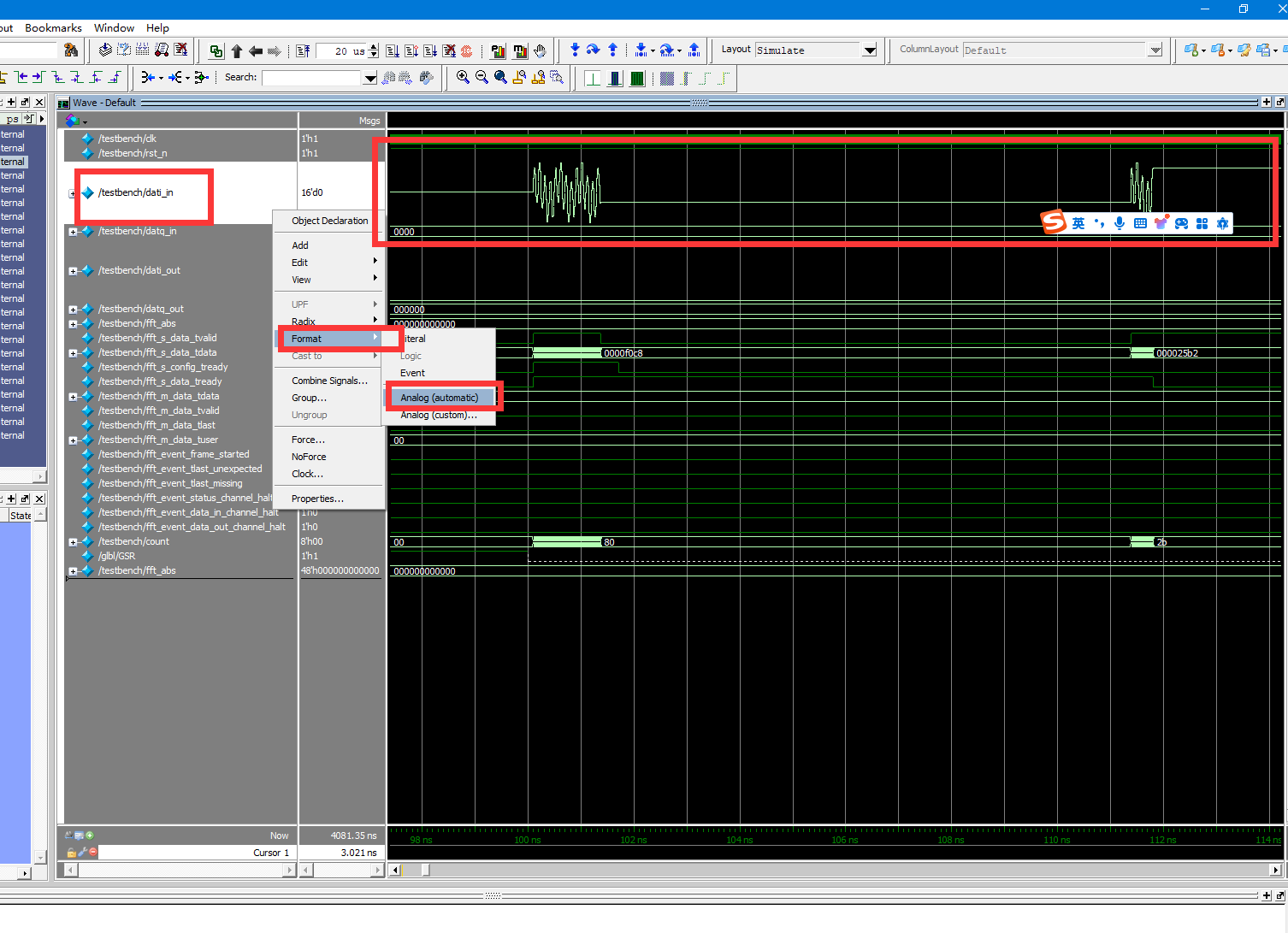 vivado自带仿真器和modelsim显示波形，analog（模拟）模式