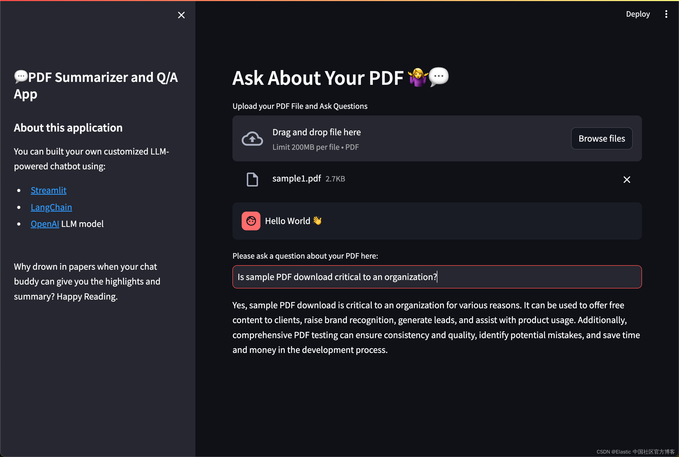 Elasticsearch：使用 OpenAI、LangChain 和 Streamlit 的基于 LLM 的 PDF 摘要器和 Q/A 应用程序