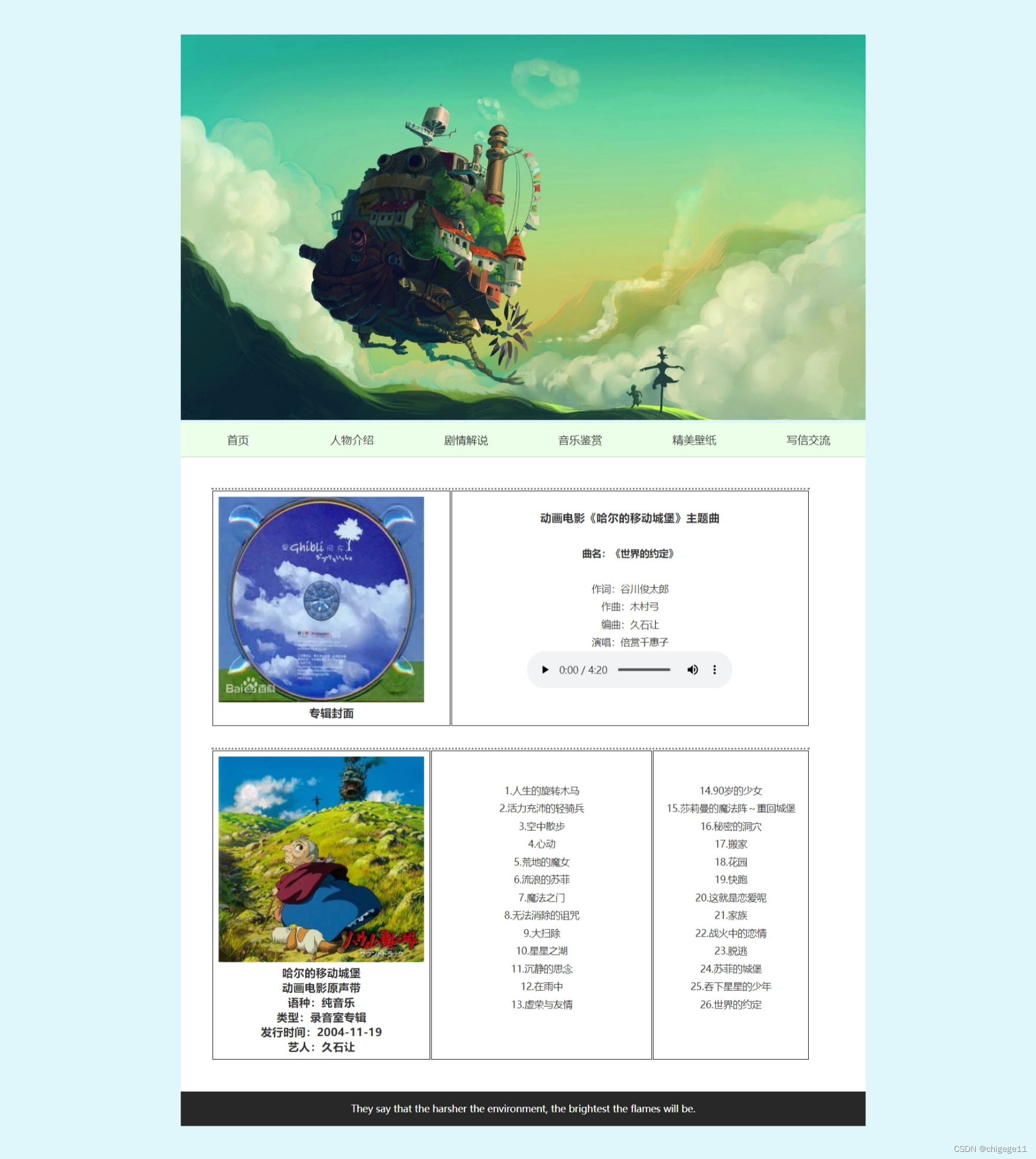 web前端大学生期末作业设计网页(html、css、js)-哈尔的移动城堡,实现轮播图、图片跟随鼠标移动、人物小卡片(附源码)