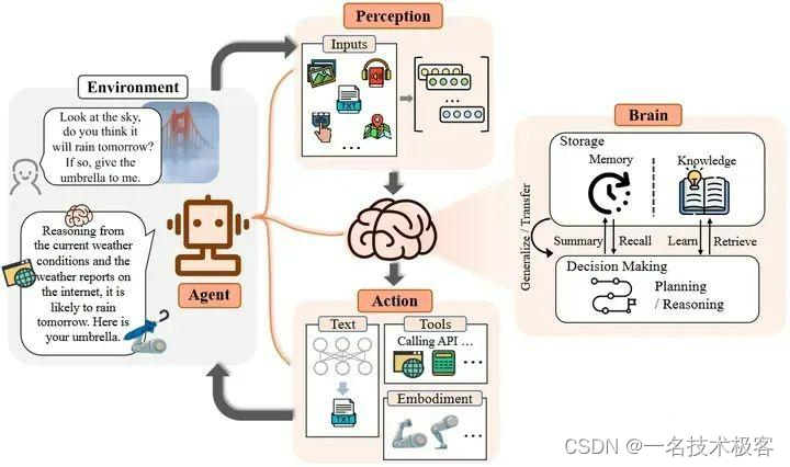 图1：LLM-based Agent的概念框架，由大脑、感知、行动三个部分组成。作为控制器，大脑模块承担记忆、思考和决策等基本任务；感知模块负责感知和处理来自外部环境的多模态信息；行动模块负责使用工具执行任务并影响周围环境