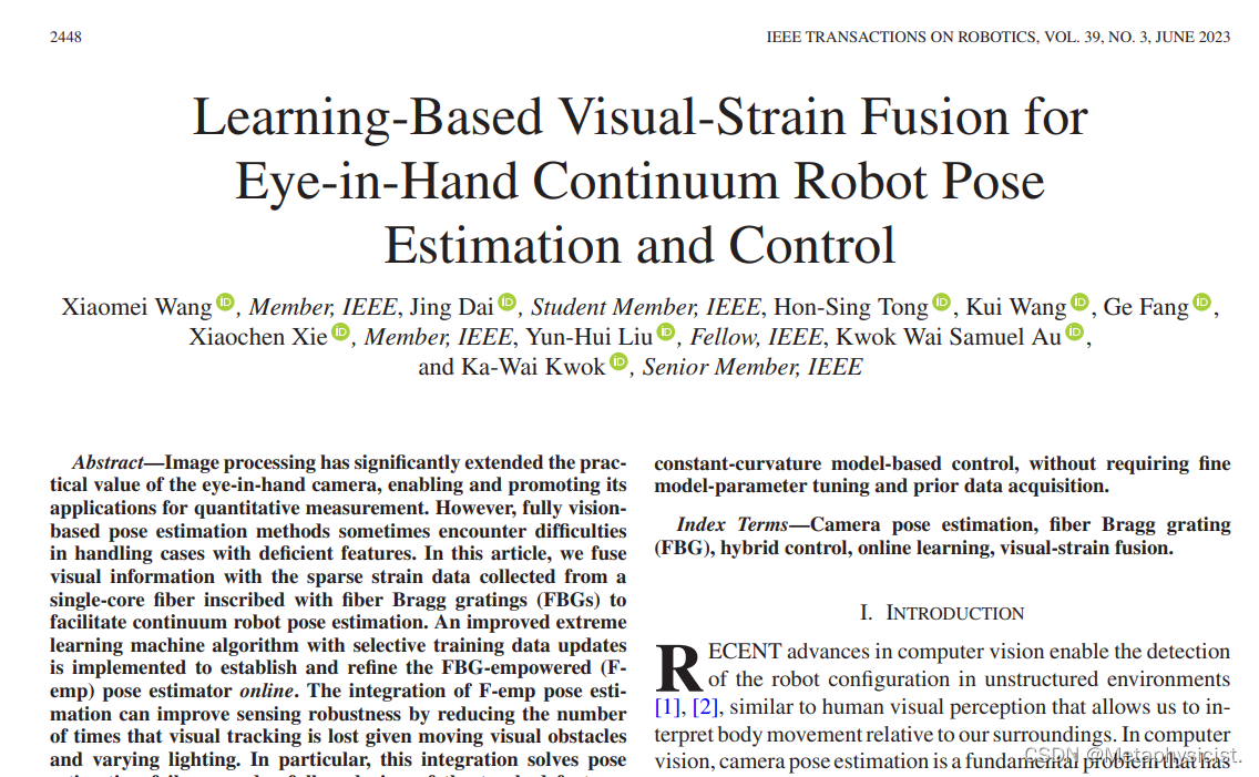 文献学习-<span style='color:red;'>20</span>-基于学习的<span style='color:red;'>视觉</span>应变融合，用于手眼连续体<span style='color:red;'>机器人</span>姿态估计<span style='color:red;'>与</span><span style='color:red;'>控制</span>