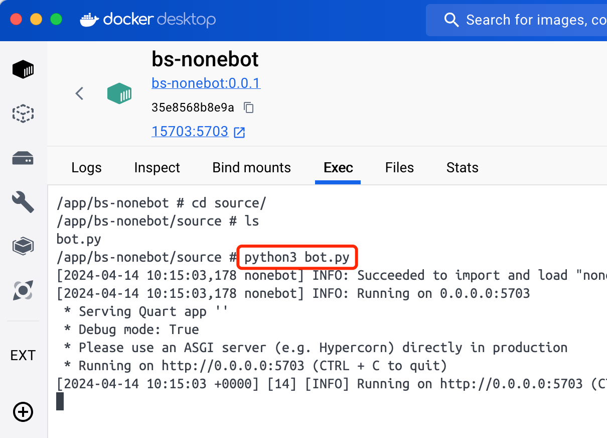 图11  在 bs-nonebot 容器里运行 bot.py，监听 5703 端口