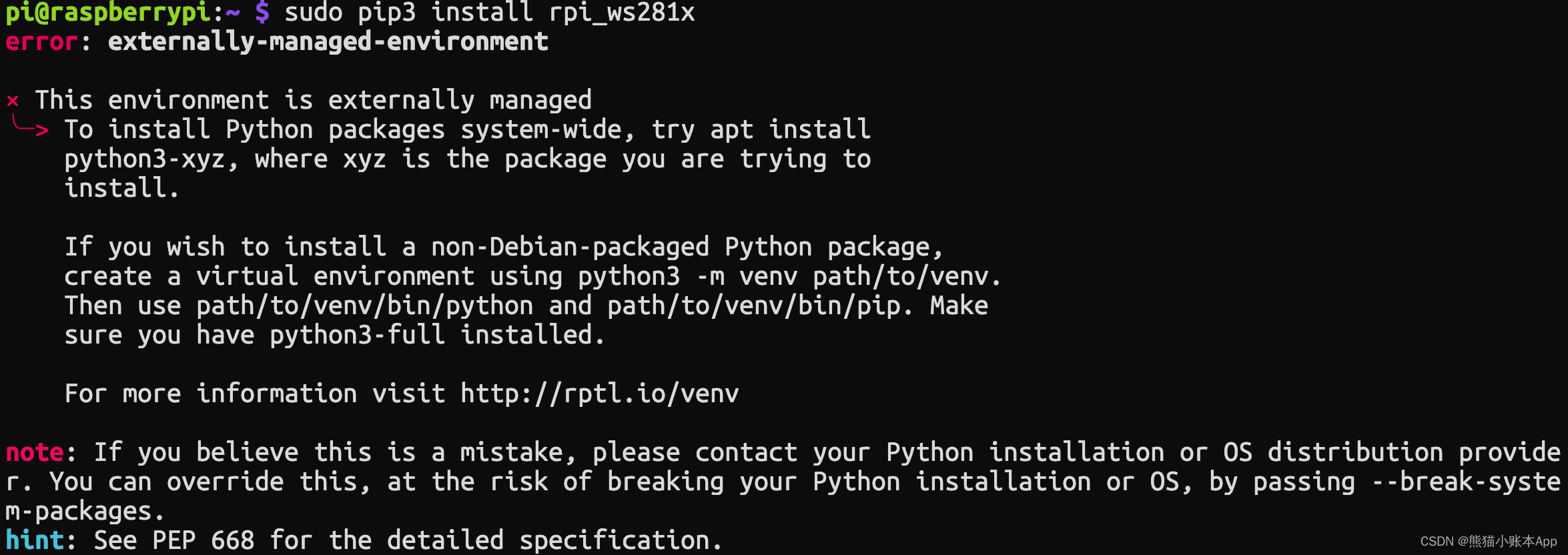 sudo pip3 install rpi_ws281x error: externally-managed-environment