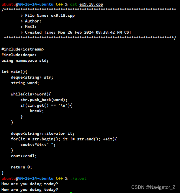 C++ //练习 9.18 编写程序，从标准输入中读取string序列，存入一个deque中。编写一个循环，用迭代器打印deque中的元素。