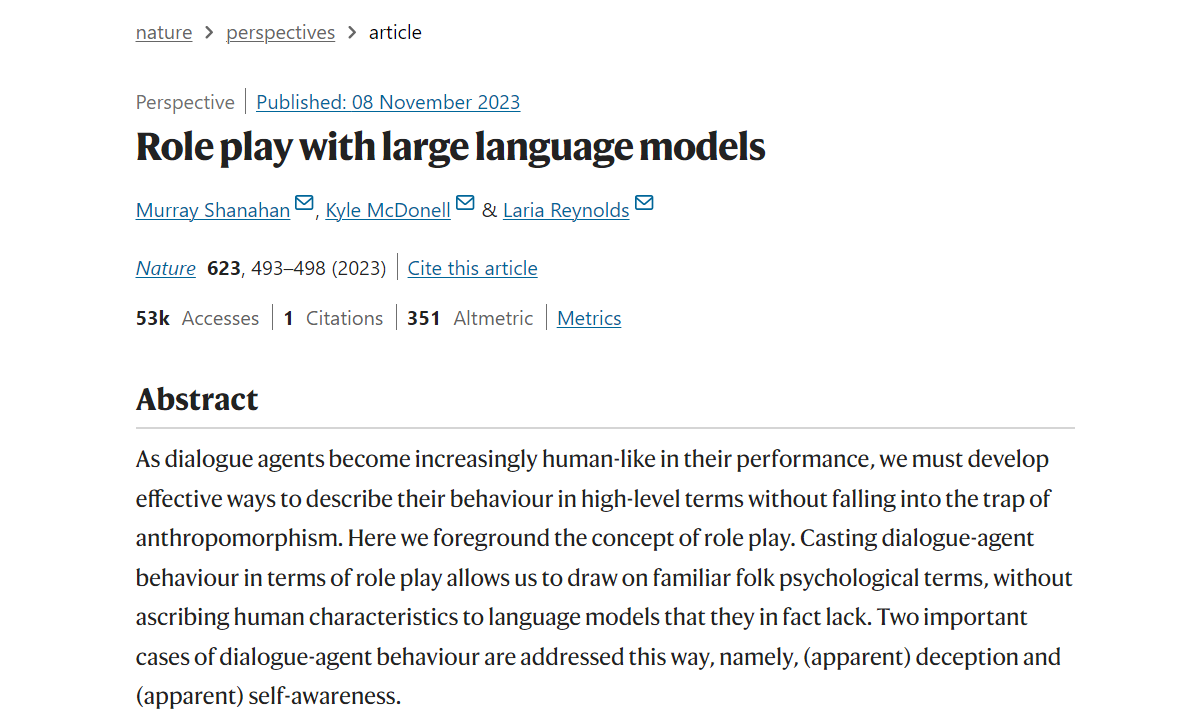 Nature Perspective | LLMs 作为角色扮演引擎