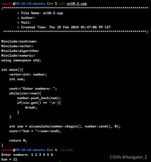 C++ //练习10.3 用accumulate求一个vector＜int＞中的元素之和。