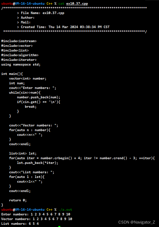 C++ //练习 10.37 给定<span style='color:red;'>一个</span>包含10个元素<span style='color:red;'>的</span>vector，<span style='color:red;'>将</span>位置3到7之间<span style='color:red;'>的</span>元素<span style='color:red;'>按</span><span style='color:red;'>逆</span><span style='color:red;'>序</span>拷贝到<span style='color:red;'>一个</span>list<span style='color:red;'>中</span>。