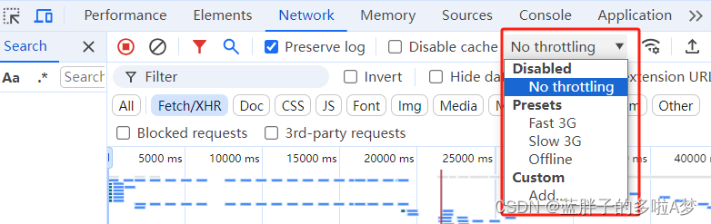 chrome浏览器 network 显示感叹号（chrome network thinttling is enabled）