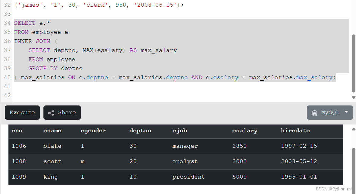 查询每个部门工资最高的员工 sql