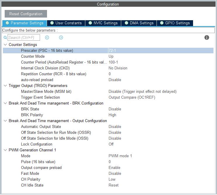 定时器1 的 Parameter Settings