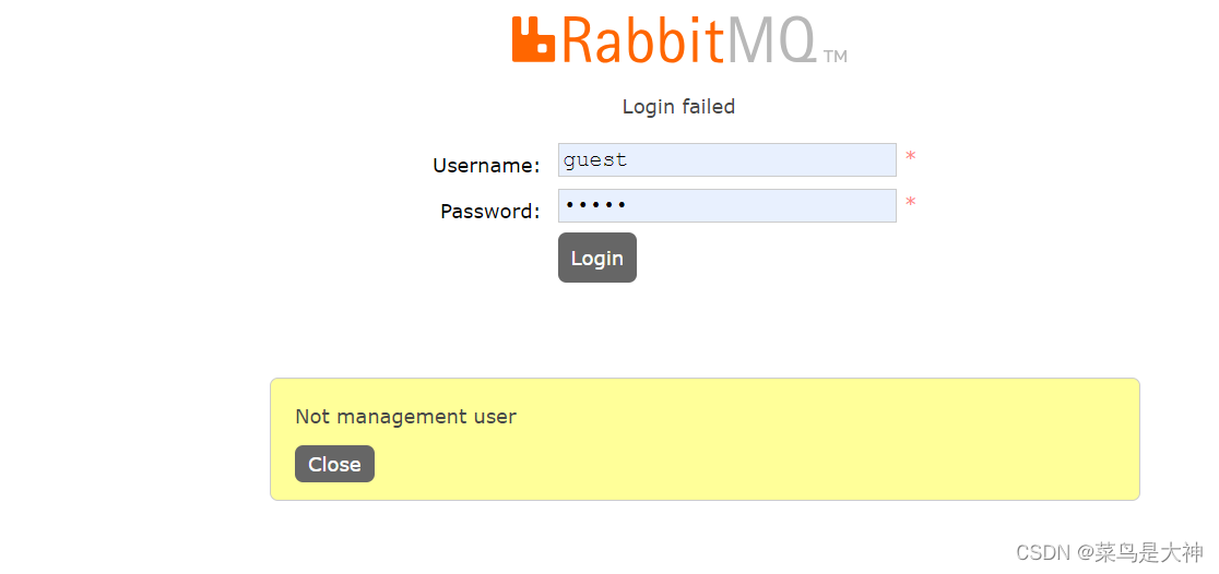 解决RabbitMq登录时报出Not management user(Login failed)错误