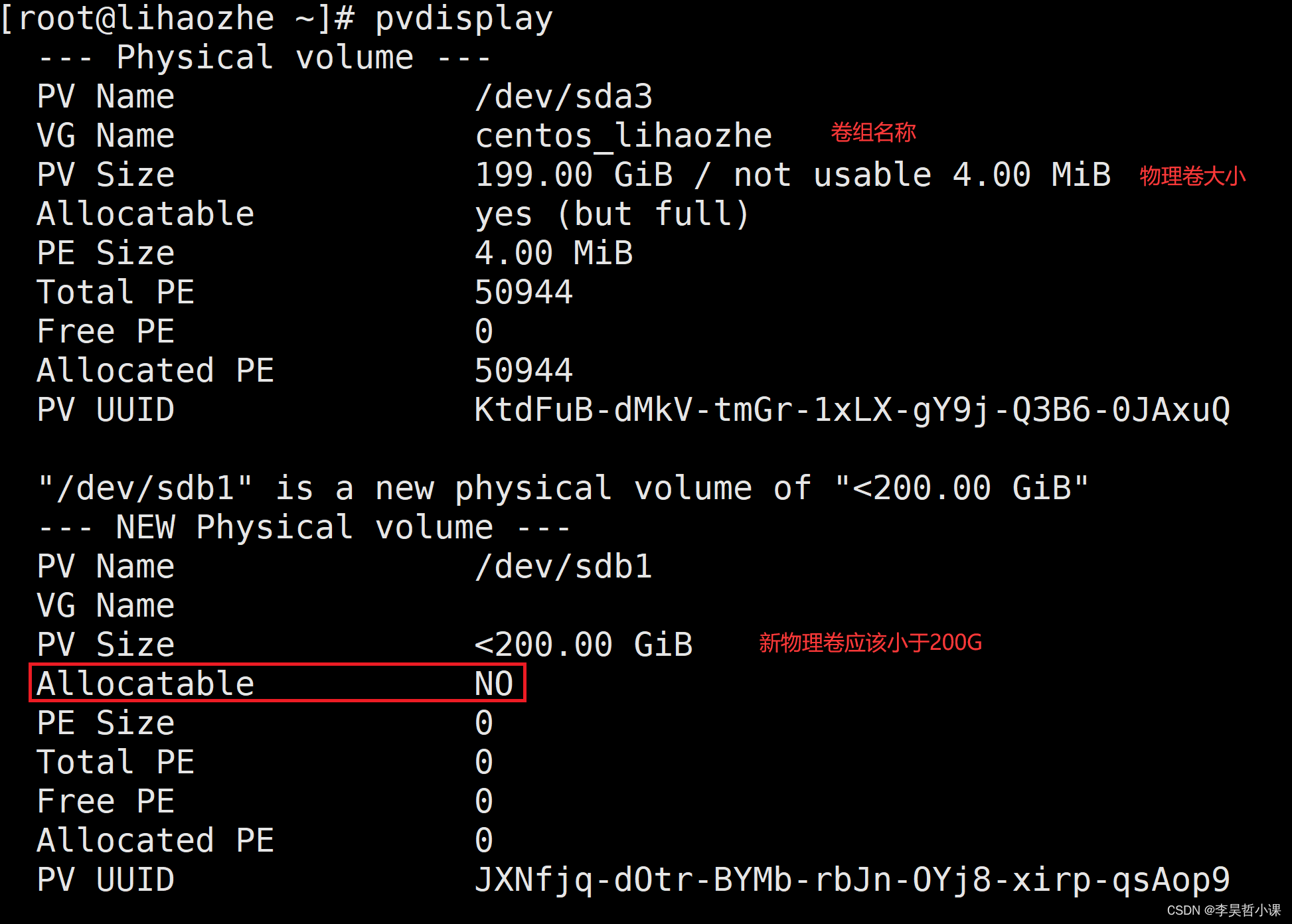 Linux View physical volume properties