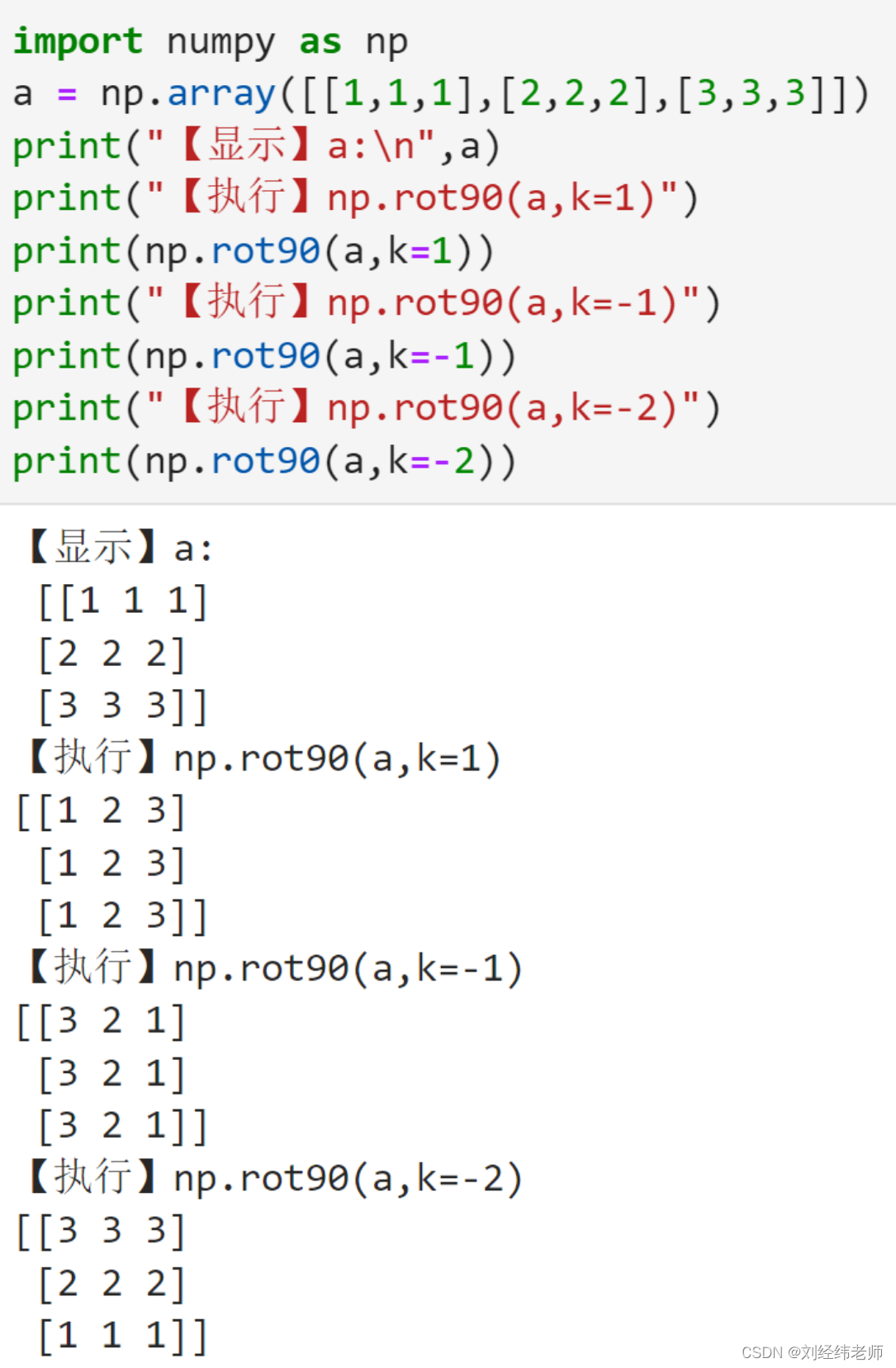 将给定的二维数组旋转90度numpy.rot90()