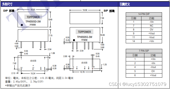 3W 3KVDC 隔离单、双输出 DC/DC 电源模块——TPH-3W 系列