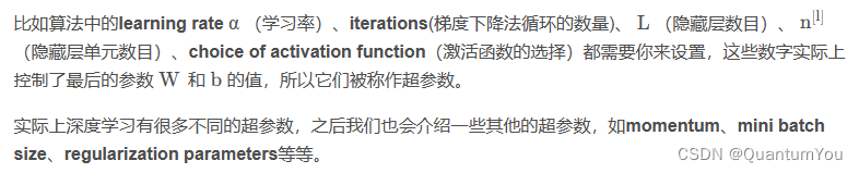 比如算法中的learning rate α \alphaα （学习率）、iterations(梯度下降法循环的数量)、 L LL （隐藏层数目）、 n [ l ] n^{[l]}n
[l]
（隐藏层单元数目）、choice of activation function（激活函数的选择）都需要你来设置，这些数字实际上控制了最后的参数 W WW 和 b bb 的值，所以它们被称作超参数。