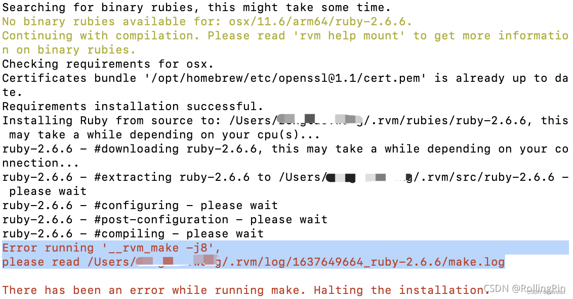 CocoaPods安装及‘__rvm_make -j8‘处理 Error running '__rvm_make -j8'