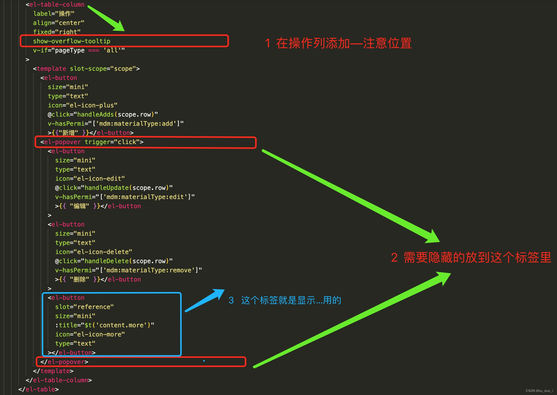 vue表格操作列,按钮太多显示... 点击后悬浮显示全部按钮