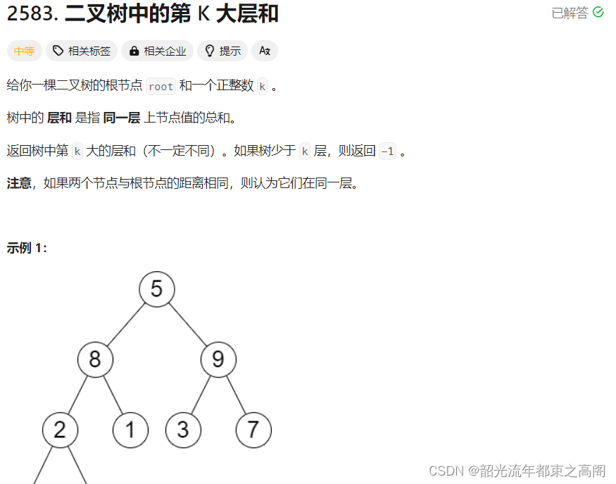 Leetcode日记 2583. 二叉树中的第 K 大层和