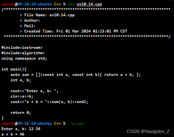 C++ //练习 10.14 编写一个lambda，接受两个int，返回它们的和。