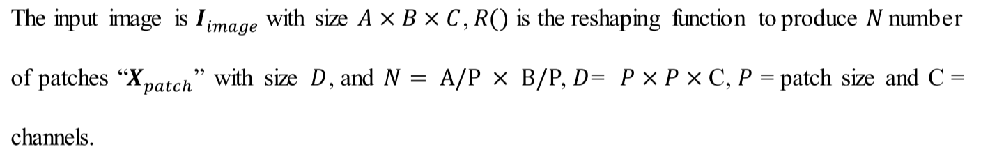 输入图像为:with size为:× ×，()为重塑函数，生成的数量为:“”with size为:，and = A/P × B/P， = × × C， =patch尺寸，C =通道。