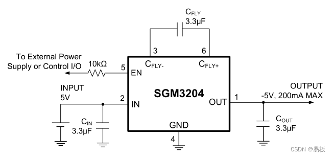 3.3V到5V的负电源产生电路(电荷泵电压反相器)SGM3204输出电流0.2A封装SOT23-6