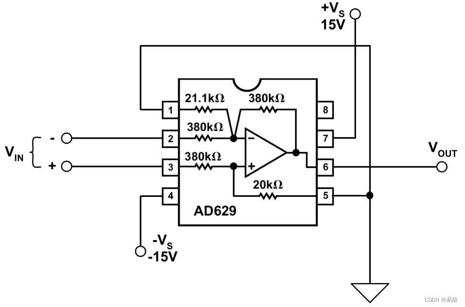 高压仪表放大器IC AD629提供± 500 V输入过压保护