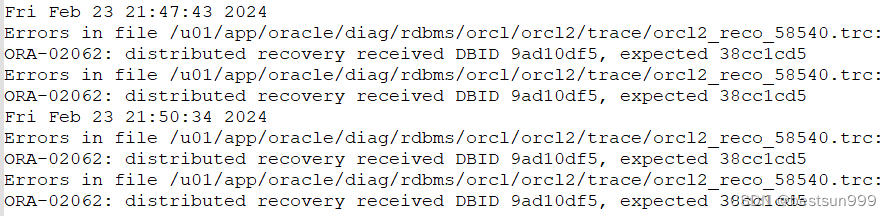 ORA-02062: distributed recovery received DBID 9ad10df5, expected 38cc1cd5