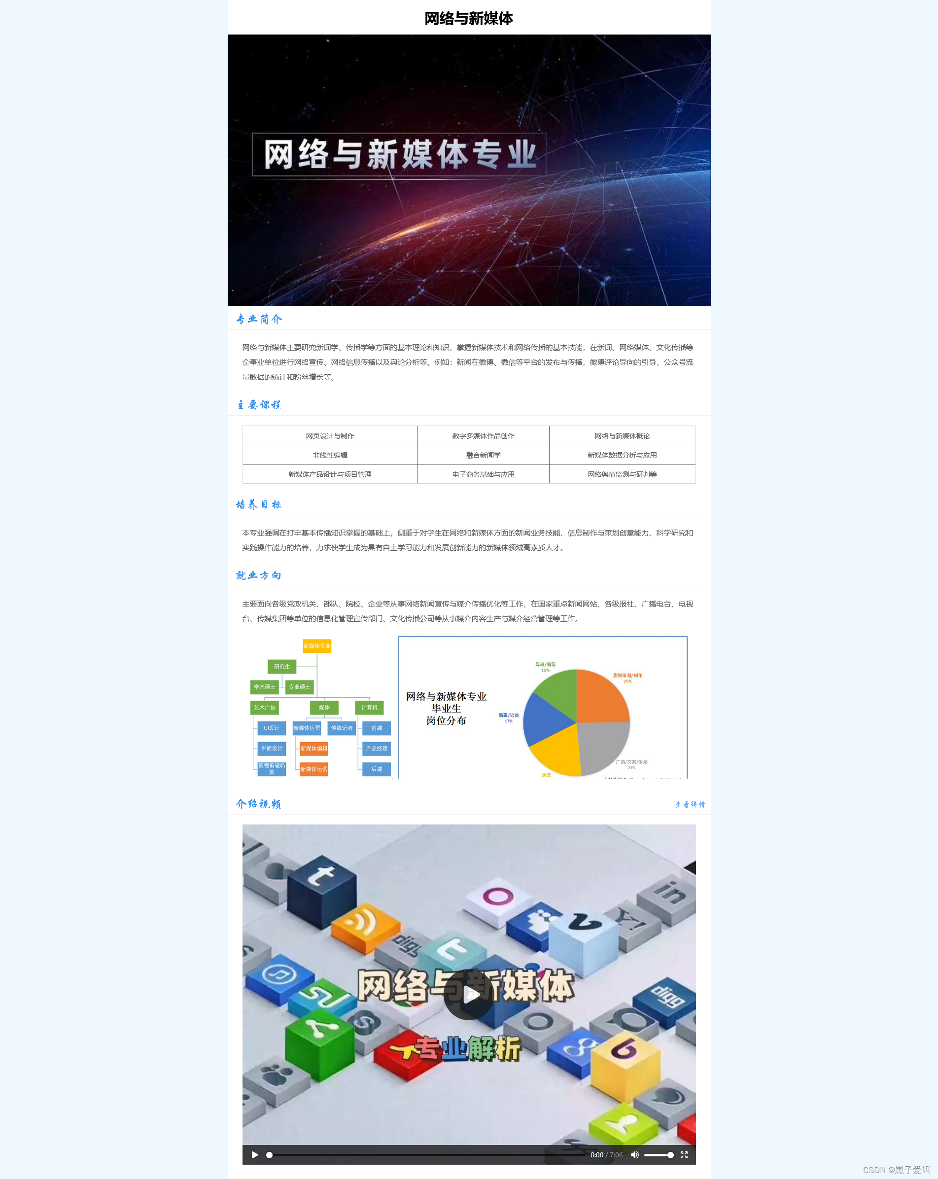 HTML静态网页成品作业(HTML+CSS)——新媒体专业介绍介绍网页(1个页面)