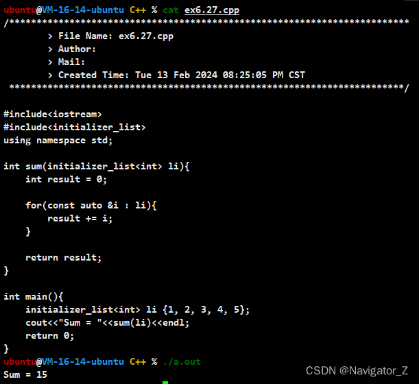 C++ //练习 6.27 编写一个函数，它的参数是initializer_list＜int＞类型的对象，函数的功能是计算列表中所有元素的和。