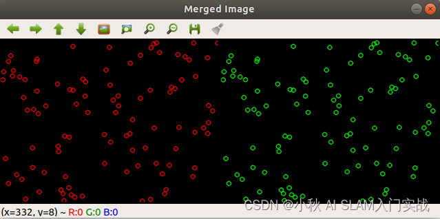 C++ 程序使用 OpenCV 生成两个黑色的灰度图像，并添加随机特征点，然后将这两个图像合并为一张图像并显示