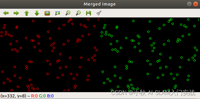 C++ 程序使用 <span style='color:red;'>OpenCV</span> 生成两个黑色的灰度<span style='color:red;'>图像</span>，并添加随机特征点，然后<span style='color:red;'>将</span>这两个<span style='color:red;'>图像</span><span style='color:red;'>合并</span>为一<span style='color:red;'>张</span><span style='color:red;'>图像</span>并显示