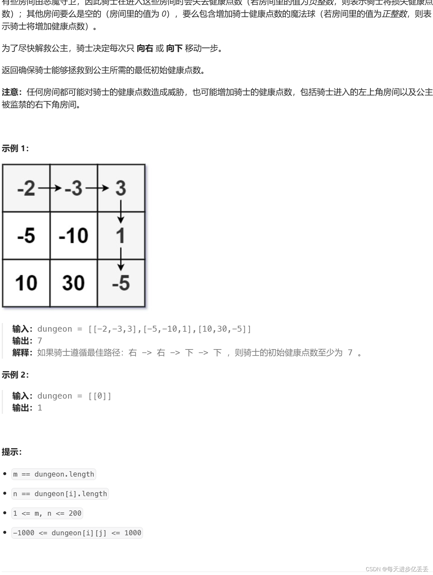 【Leetcode每日一题】 动态规划 - 地下城游戏（难度⭐⭐⭐）（61）