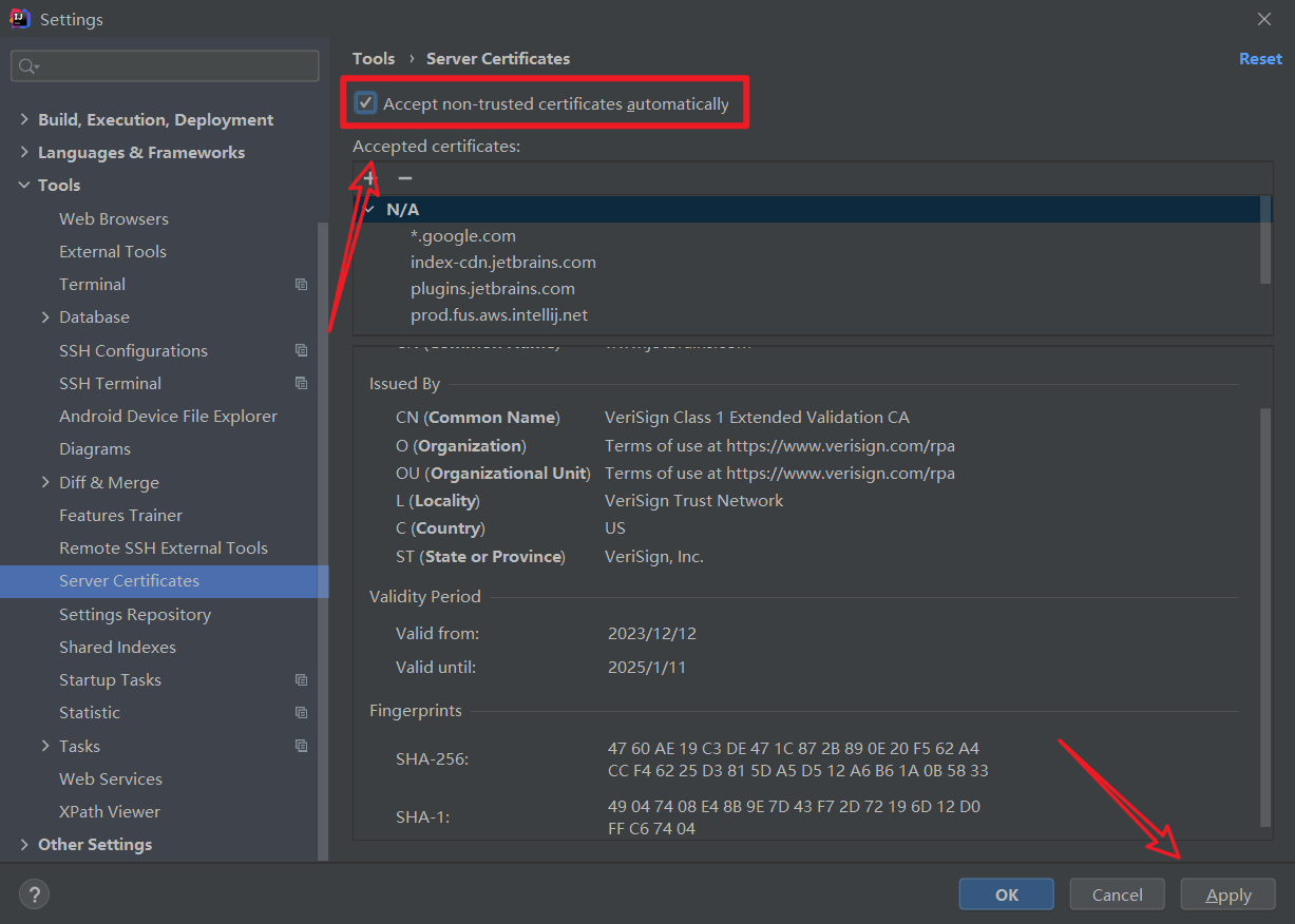 idea 弹框提示：Server‘s certificate is not trusted 解决办法