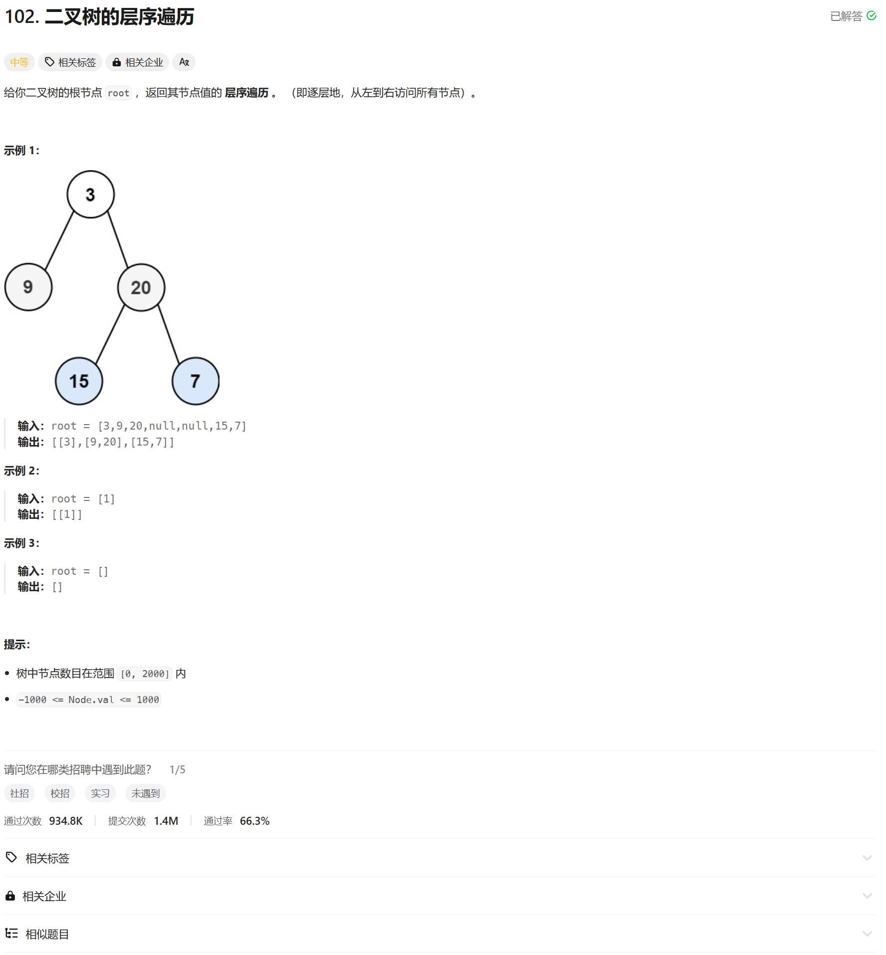 力扣hot100 二叉树的层序遍历 BFS 队列