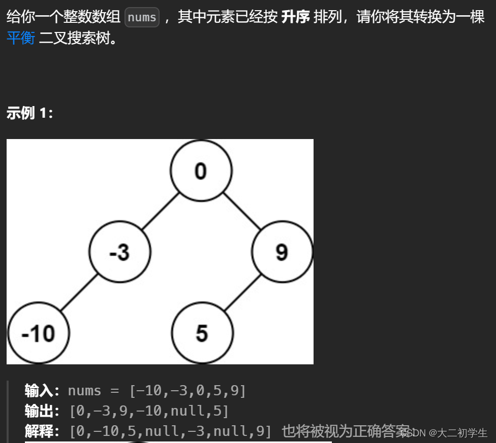 <span style='color:red;'>刷</span>代码随想录<span style='color:red;'>有感</span>（63）：<span style='color:red;'>将</span><span style='color:red;'>有序</span><span style='color:red;'>数组</span><span style='color:red;'>转换</span><span style='color:red;'>为</span><span style='color:red;'>二</span><span style='color:red;'>叉</span><span style='color:red;'>搜索</span><span style='color:red;'>树</span>（其实时<span style='color:red;'>二</span><span style='color:red;'>叉</span><span style='color:red;'>平衡</span><span style='color:red;'>搜索</span><span style='color:red;'>树</span>）