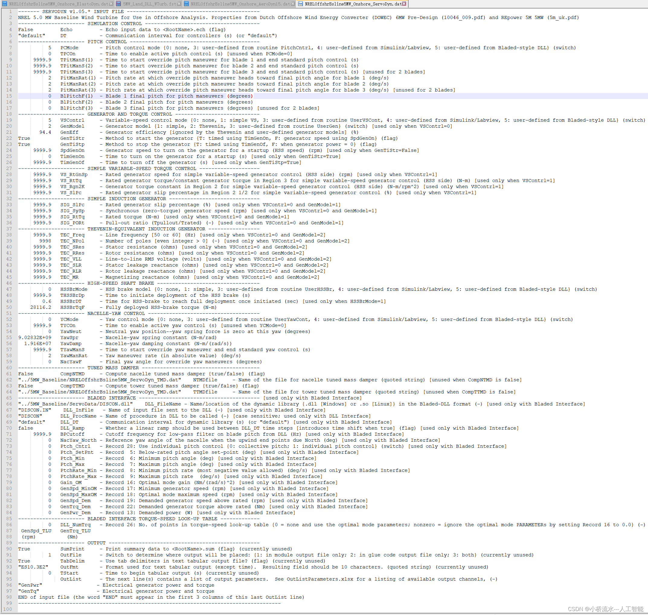 OPenFast软件中的NRELOffshrBsline5MW_Onshore_ServoDyn.dat文件详解