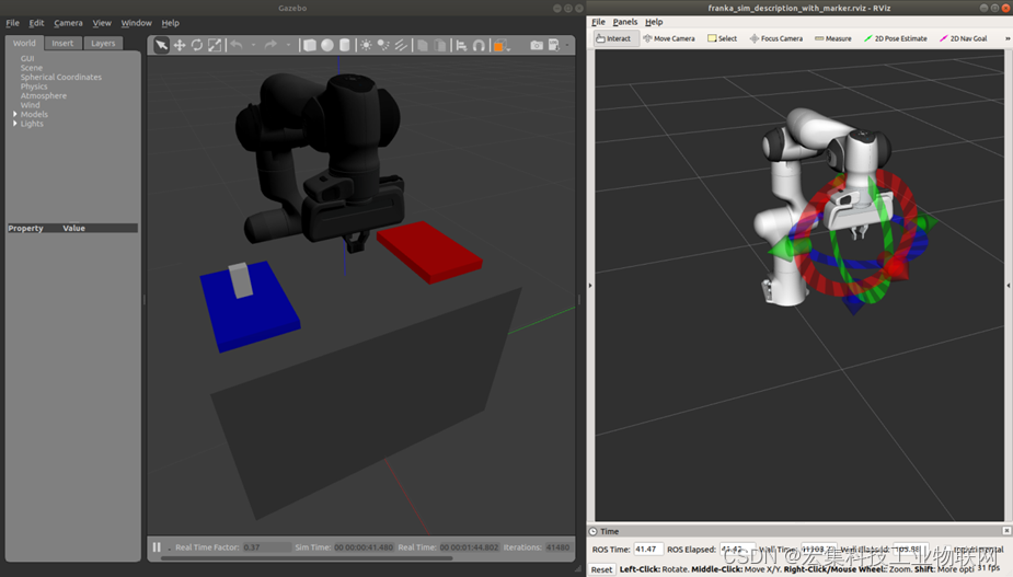 取放示例的Gazebo GUI（左）和RViz（右）