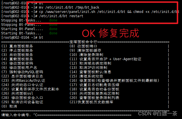 linux服务 宝塔控制面板，宝塔面板打不开，ssh可以链接，输入bt命令没有反应 linux 重启宝塔服务器命令