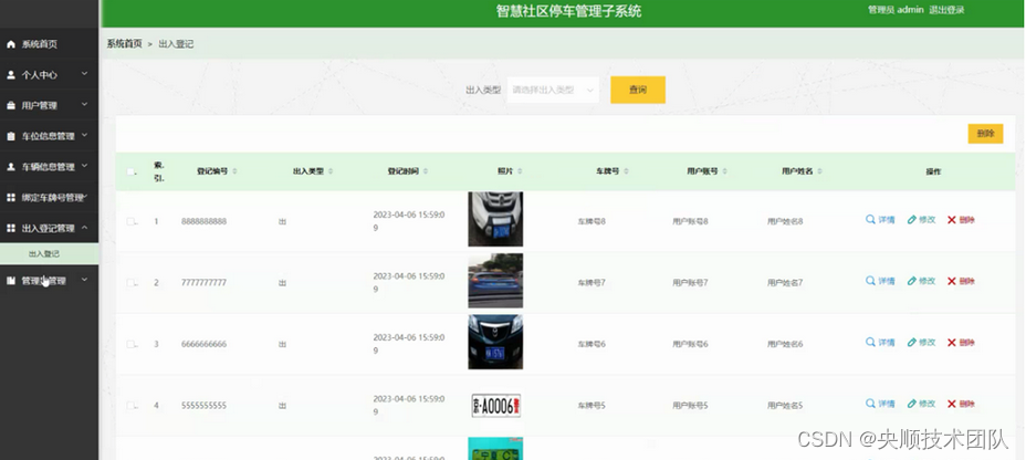 图5-6出入登记管理界面图