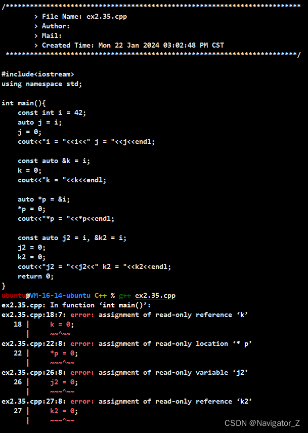 C++ //练习 2.35 判断下列定义推断出的类型是什么，然后编写程序进行验证。