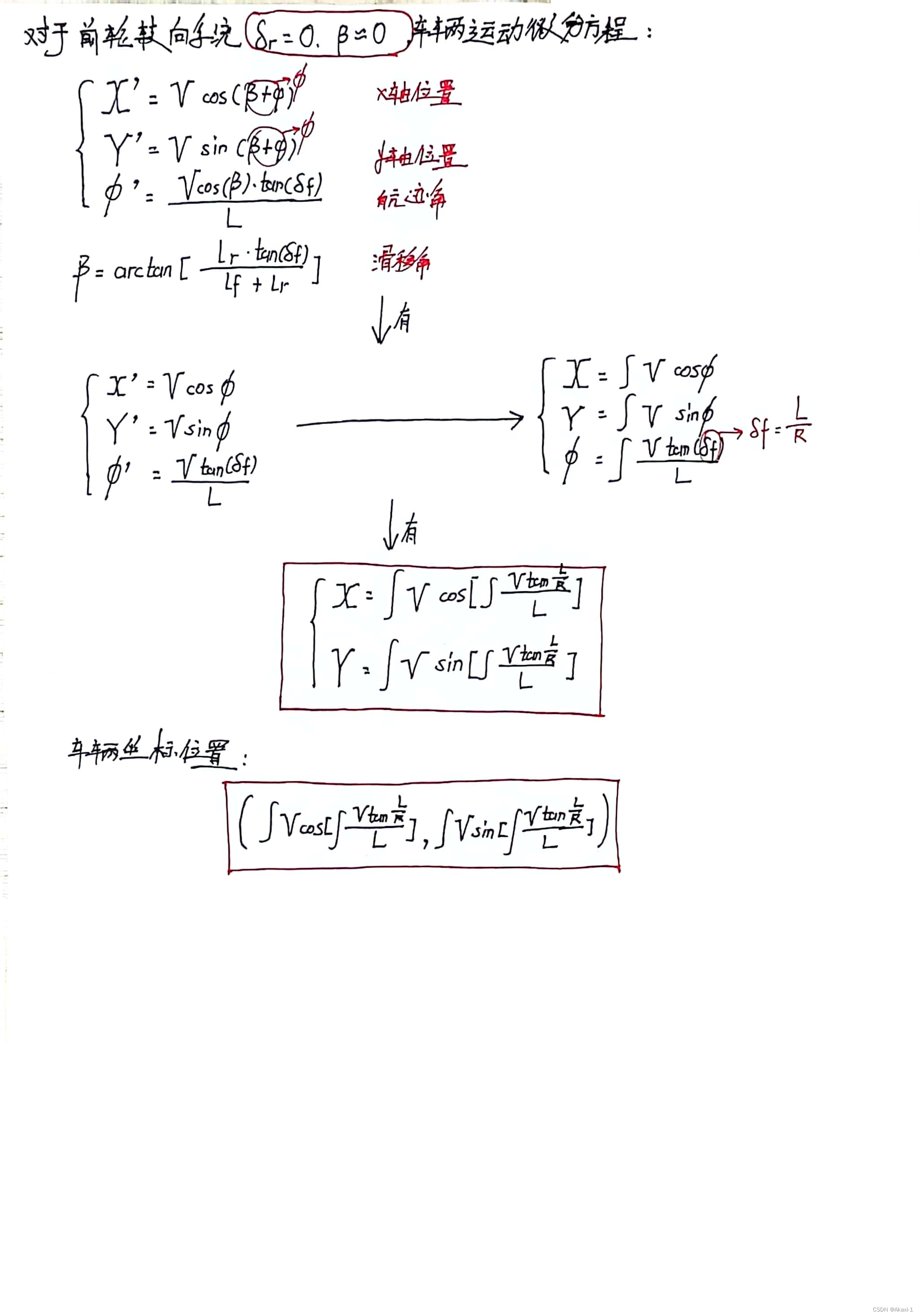 【自动驾驶车辆-运动控制】运动学模型(Kinematic Model) | 手写数学推导公式 by.Akaxi