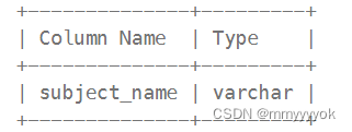 +--------------+---------+
| Column Name  | Type    |
+--------------+---------+
| subject_name | varchar |
+--------------+---------+